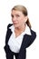 Nosy, curious and portrait of a business woman isolated on a white background in a studio. Leaning, curiosity and mature