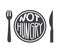 Not hungry. Intermittent fasting concept. Hand drawn lettering illustration of a plate with a fork, a knife, and a motivational me