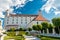 Not ordinary view of Bratislava castle from behind back yard part of castle garden