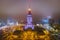 Notable high-rise building Palace of Culture and Science covered in fog