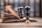 Notary seal and Judge Gavel on the wooden background.