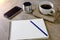 Note book with coffee pencil speaker and smartphone on desktop