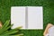 Note book for write copy text, paper on green grass background