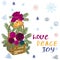 Note love peace joy with festive season basket and snow on white background