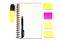 Note paper, open notepad, blank multi-colored paper blocks for notes on a white background, pen, pencil