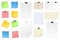 Note papers set graphic elements in flat design. Bundle of different types of notebook sheets, torn pieces of paper, colored