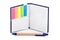 Notebook with colorful page marker stickers and a pen