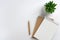 Notebook with craft paper, pencil, green plant on white background. Workspace concept.