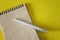 Notebook or diary made of eco-friendly recycled paper and a silver fountain pen lie on a yellow textured anti-stress surface. Copy