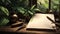 Notebook with fountain pen on a wooden table in green plants every where