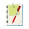 Notebook with green notice paper and red pen