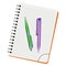 Notebook, green pen and purple pen
