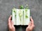 Notebook in hands with wild green plants and flowers between the pages. Creative natural Summer flat lay, top view on