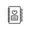 Notebook with heart icon vector, flat outline pictogram isolated on white. Love diary symbol, logo illustration.