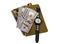 Notebook, money, watches on a white background