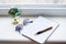 Notebook opened on white desk with pen, globe and black glasses. View from above