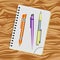 Notebook, orange pen, purple pen and yellow pen