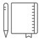 Notebook and pen, copybook, drawing block, notepad thin line icon, education concept, pad vector sign on white