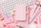 Notebook, Pink school girly accessories and keyboard on pastel pink Top view, mockup