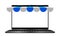 Notebook screen with blue awning roof, storefront shop in online shopping concept, mock-up computer screen for copy space, blank