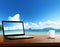 notebook on table and beach