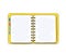 Notebook yellow cover hand drawn on white background blank pape