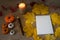 Notepad, decorative handmade textile pumpkins, candle, large pencil, autumn leaves on a textile background.