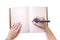 Notepad hands illustration. Realistic hands write in an open Notepad. Vector illustration on a white background