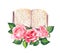 Notepad with handwritten notes, pink roses. Vintage watercolor romantic illustration with book and flowers