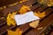 notepad with inscription autumn lies in park bench in autumn leaves in sun shining