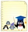 Notepad page with school penguins