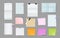 Notepad, paper notes collection. Pin, sticky memo pages, notebook sheets different colors, pad, sticker board and