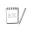 Notepad, pencil and blog lettering icon, sticker. sketch hand drawn doodle style. vector, minimalism, monochrome. write, notes,