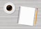 Notepad and pencil and coffe on white wood background. Vector stock illustration