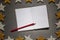 Notepad with red pencil on slate background, christmas frame