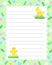 Notes blank lined page template with floral seasonal springtime decoration, cute chickens simple vector illustration