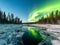 Nothern lights, forest and river winter landscape. New Year concept