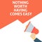 NOTHING WORTH HAVING COMES EASY Announcement. Hand Holding Megaphone With Speech Bubble