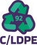 Notice C LDPE number 92 for industrial products marking. Recycle code for plastic, paper, metals. Informing consumer of package pr