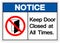 Notice Keep Door Closed At All Times Symbol Sign ,Vector Illustration, Isolate On White Background Label .EPS10