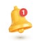 Notification bell icon with notification counter. Realistic golden bell, concept of a new message notification in social media,