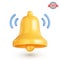 Notification bell icon. Realistic golden ringing bell, the concept of social media reminder