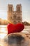 Notre Dame cathedral against red heart, Happy Valentine`s Day, Paris in love, France