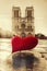 Notre Dame cathedral against red heart, Happy Valentine`s Day, Paris in love, France