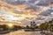 Notre Dame cathedral against sunset in Paris, France