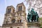 Notre Dame Cathedral and Charlemagne and his Guards statue. Before the fire. April 05, 2019. Paris France