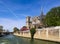 Notre Dame Cathedral over Seine river in spring. Before the fire. April 05, 2019. Paris France
