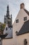 Notre Dame church spire and Beguinage, Kortrijk Belgium.