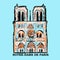 Notre-Dame de Paris architectural sketch with text name. Beautiful famous catholic cathedral