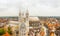 Notre-Dame de Tournai towers and surrounfing streets with old buildings panorama, Cathedral of Our Lady, Tournai, Walloon